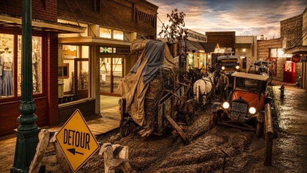 A recreated 1930s East Texas oil boomtown street inside the East Texas Oil Museum