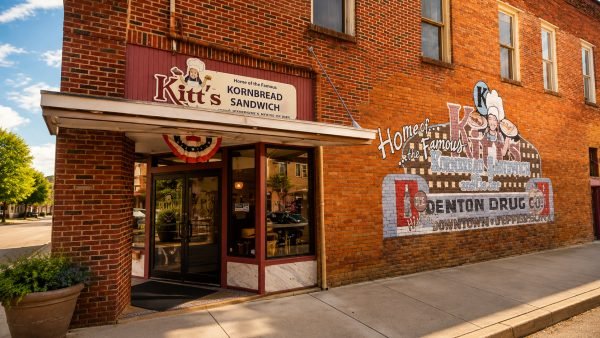 A rustic dining table set with cornbread sandwiches and slices of pie inside a cozy Jefferson restaurant.