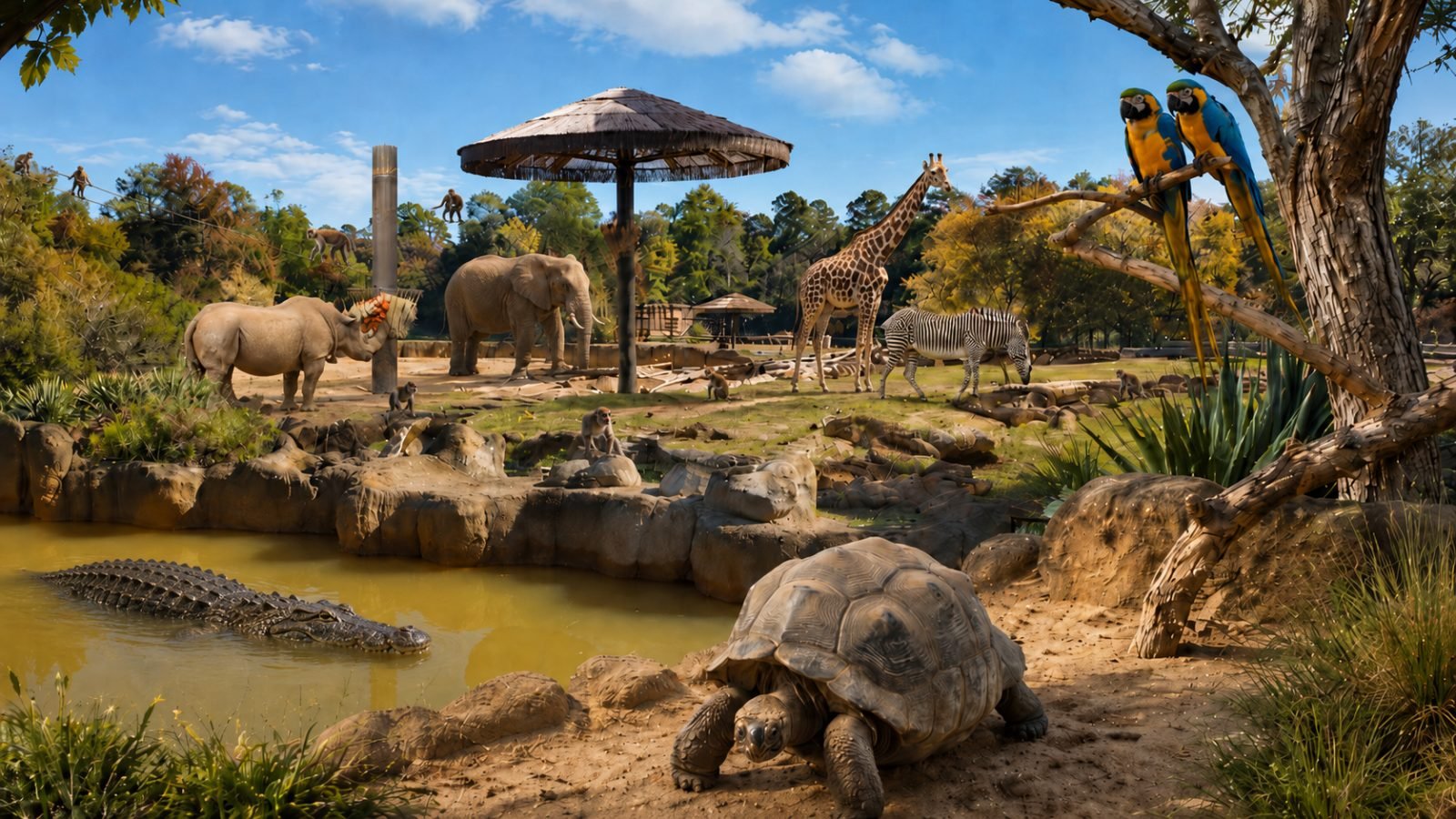 A giraffe standing in a spacious habitat at Caldwell Zoo in Tyler